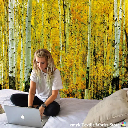 Watercolor birch forest starry sky wall tapestry bedroom art