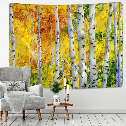 Watercolor birch forest starry sky wall tapestry bedroom art