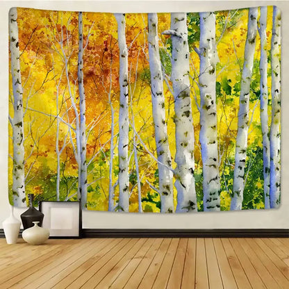 Watercolor birch forest starry sky wall tapestry bedroom art