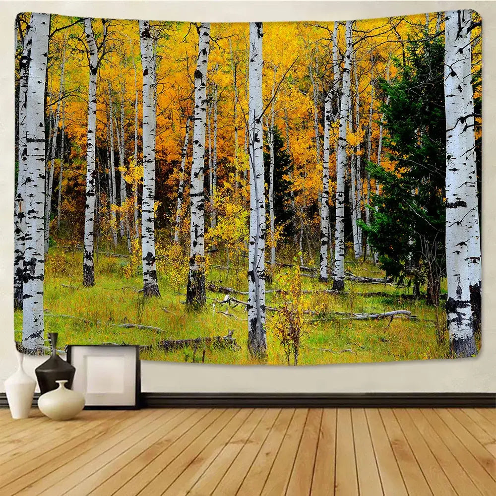 Watercolor birch forest starry sky wall tapestry bedroom art