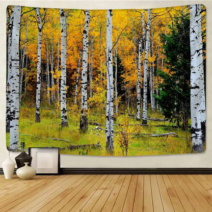 Watercolor birch forest starry sky wall tapestry bedroom art