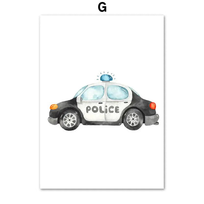 Watercolor emergency vehicle canvas print set nursery wall decor