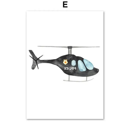 Watercolor emergency vehicle canvas print set nursery wall decor