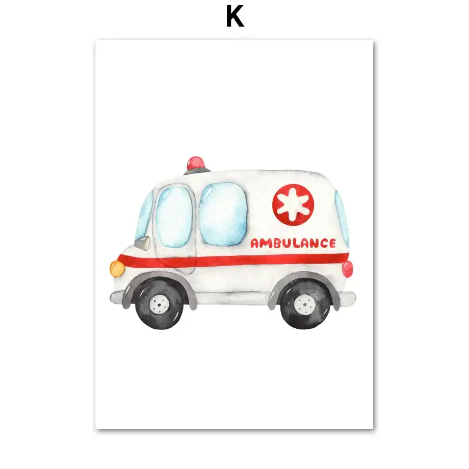 Watercolor emergency vehicle canvas print set nursery wall decor