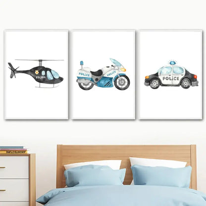 Watercolor emergency vehicle canvas print set nursery wall decor