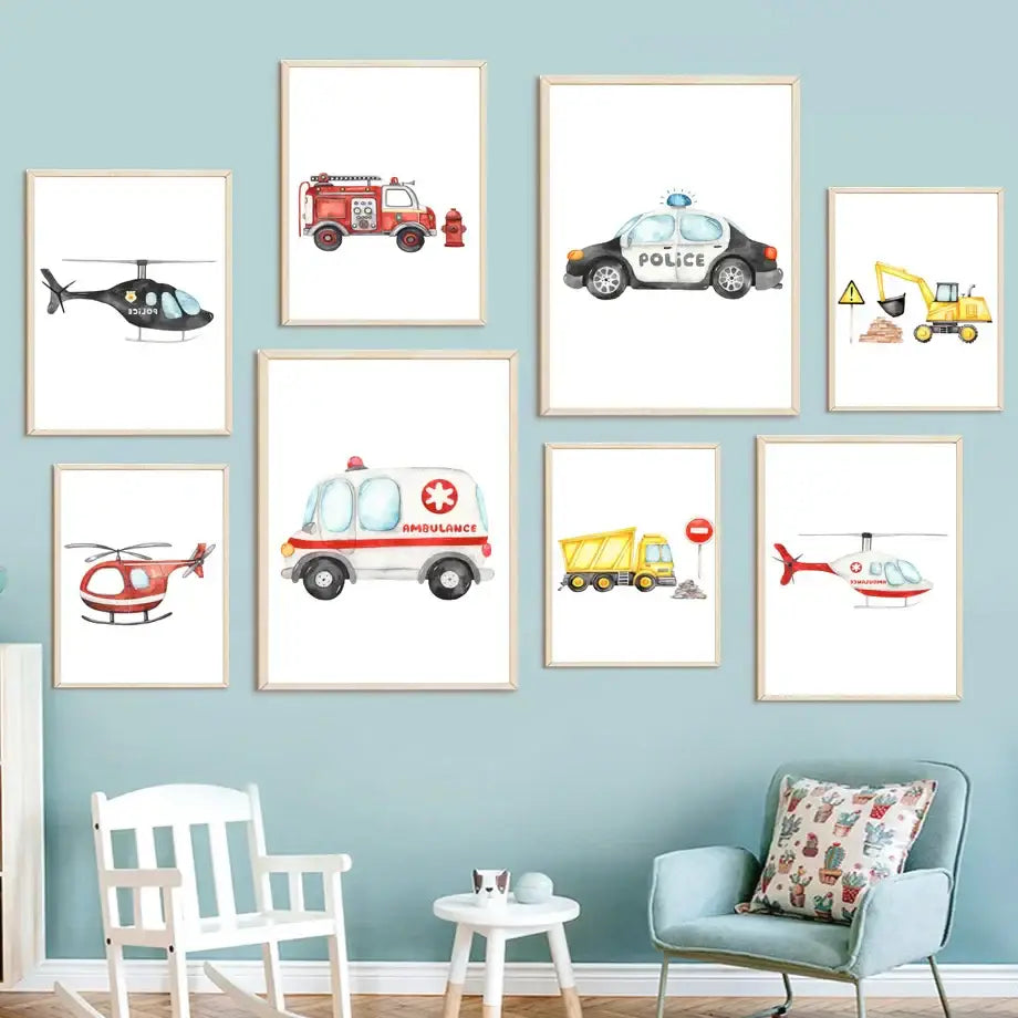 Watercolor emergency vehicle canvas print set nursery wall decor