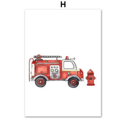 Watercolor emergency vehicle canvas print set nursery wall decor