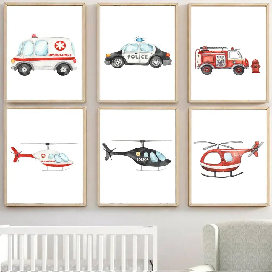 Watercolor emergency vehicle canvas print set nursery wall decor