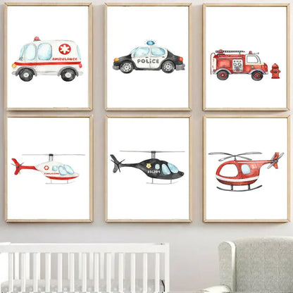 Watercolor emergency vehicle canvas print set nursery wall decor