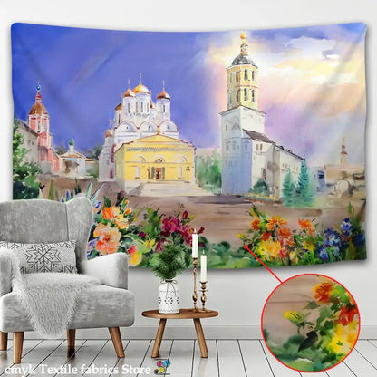 Watercolor fantasy castle printed mandala wall hanging bedroom decor