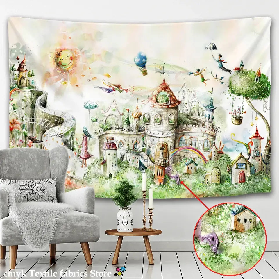 Watercolor fantasy castle printed mandala wall hanging bedroom decor