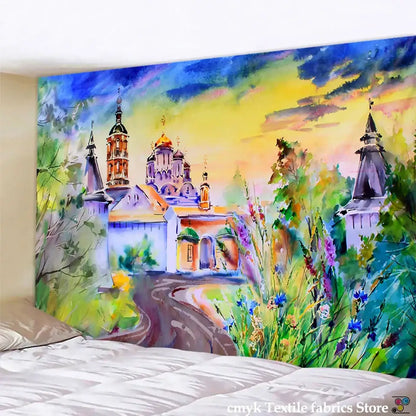 Watercolor fantasy castle printed mandala wall hanging bedroom decor