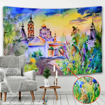 Watercolor fantasy castle printed mandala wall hanging bedroom decor