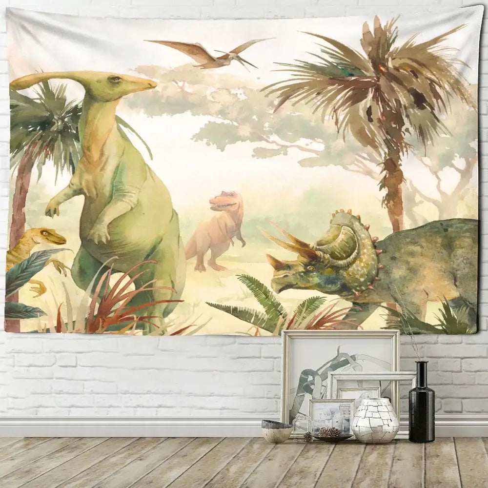 Watercolor green and pink dinosaur tapestry wall hanging for boy room