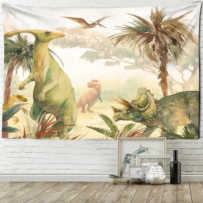 Watercolor green and pink dinosaur tapestry wall hanging for boy room