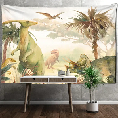 Watercolor green and pink dinosaur tapestry wall hanging for boy room