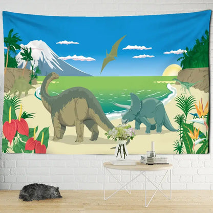 Watercolor green and pink dinosaur tapestry wall hanging for boy room