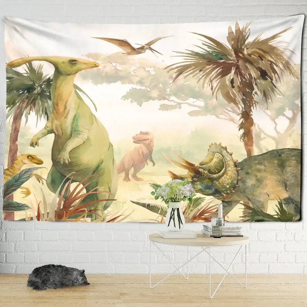 Watercolor green and pink dinosaur tapestry wall hanging for boy room