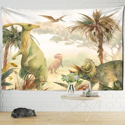 Watercolor green and pink dinosaur tapestry wall hanging for boy room