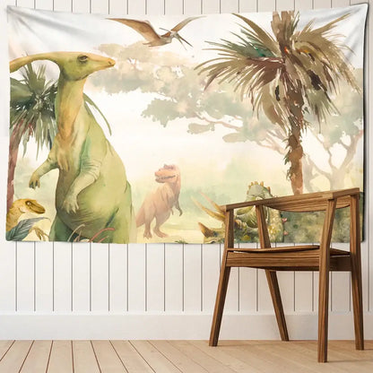 Watercolor green and pink dinosaur tapestry wall hanging for boy room