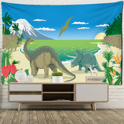 Watercolor green and pink dinosaur tapestry wall hanging for boy room