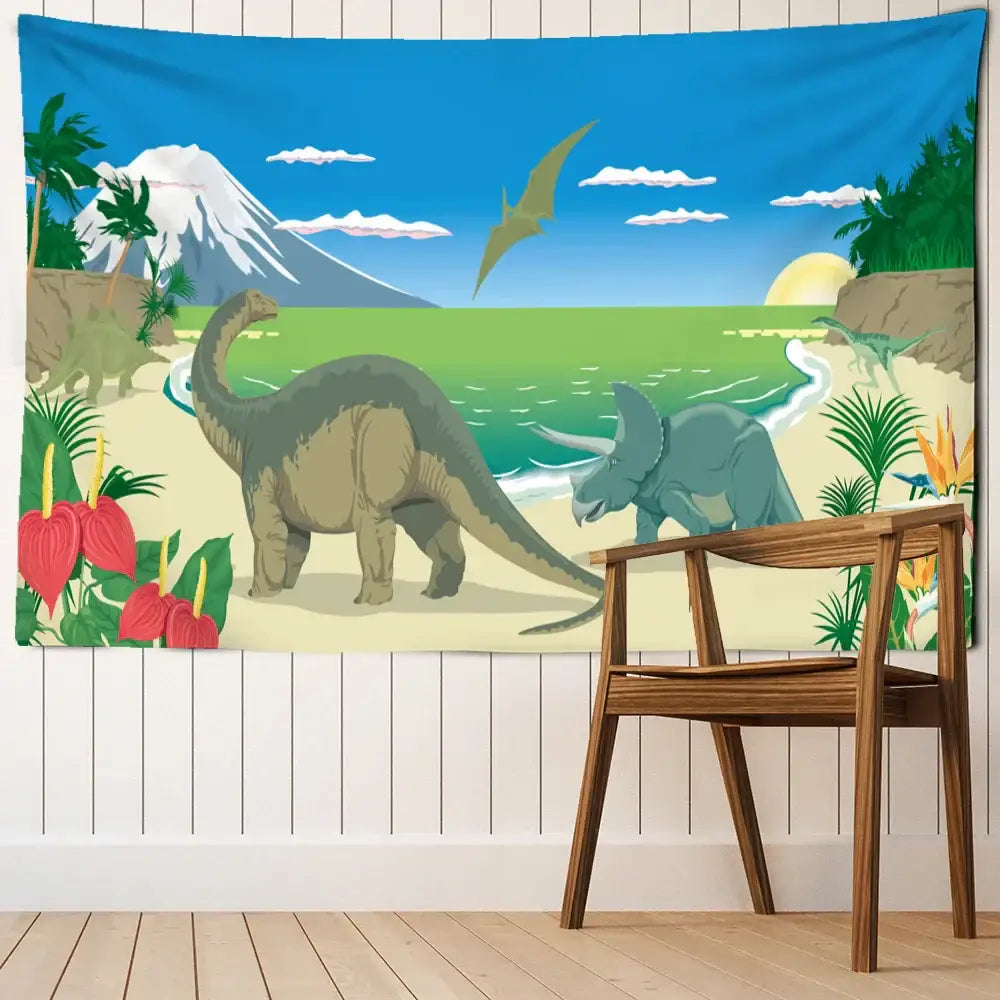 Watercolor green and pink dinosaur tapestry wall hanging for boy room