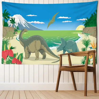 Watercolor green and pink dinosaur tapestry wall hanging for boy room