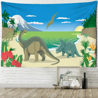 Watercolor green and pink dinosaur tapestry wall hanging for boy room