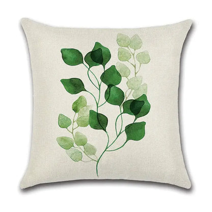 Watercolor green leaves decorative pillow case set living room cotton