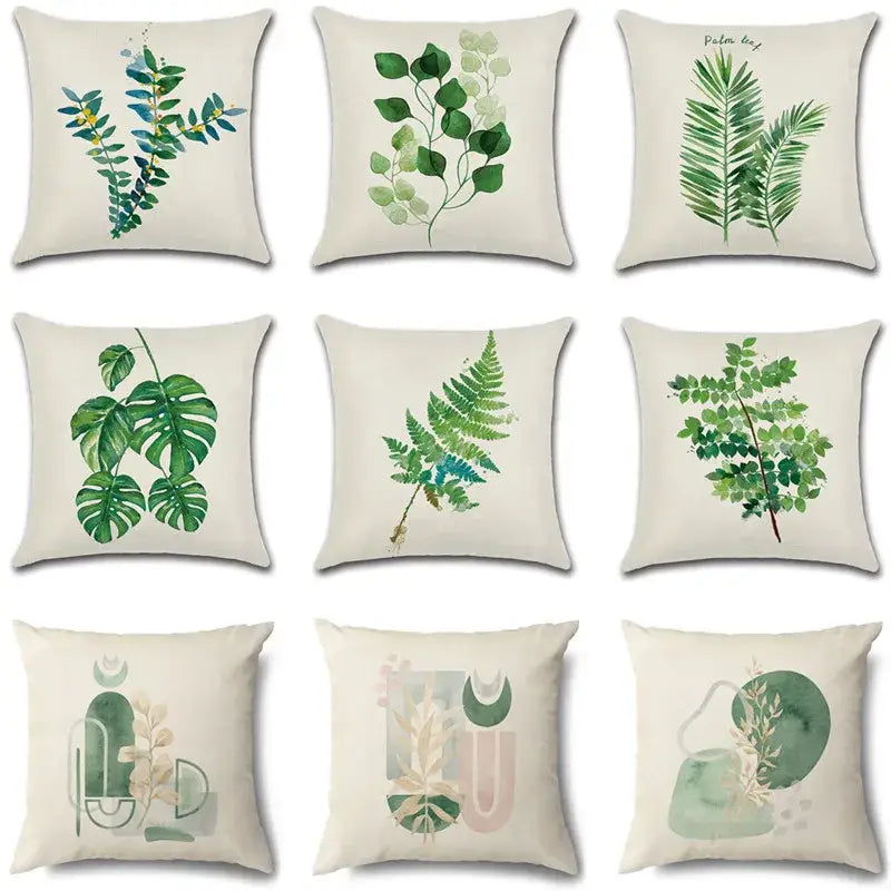 Watercolor green leaves decorative pillow case set living room cotton