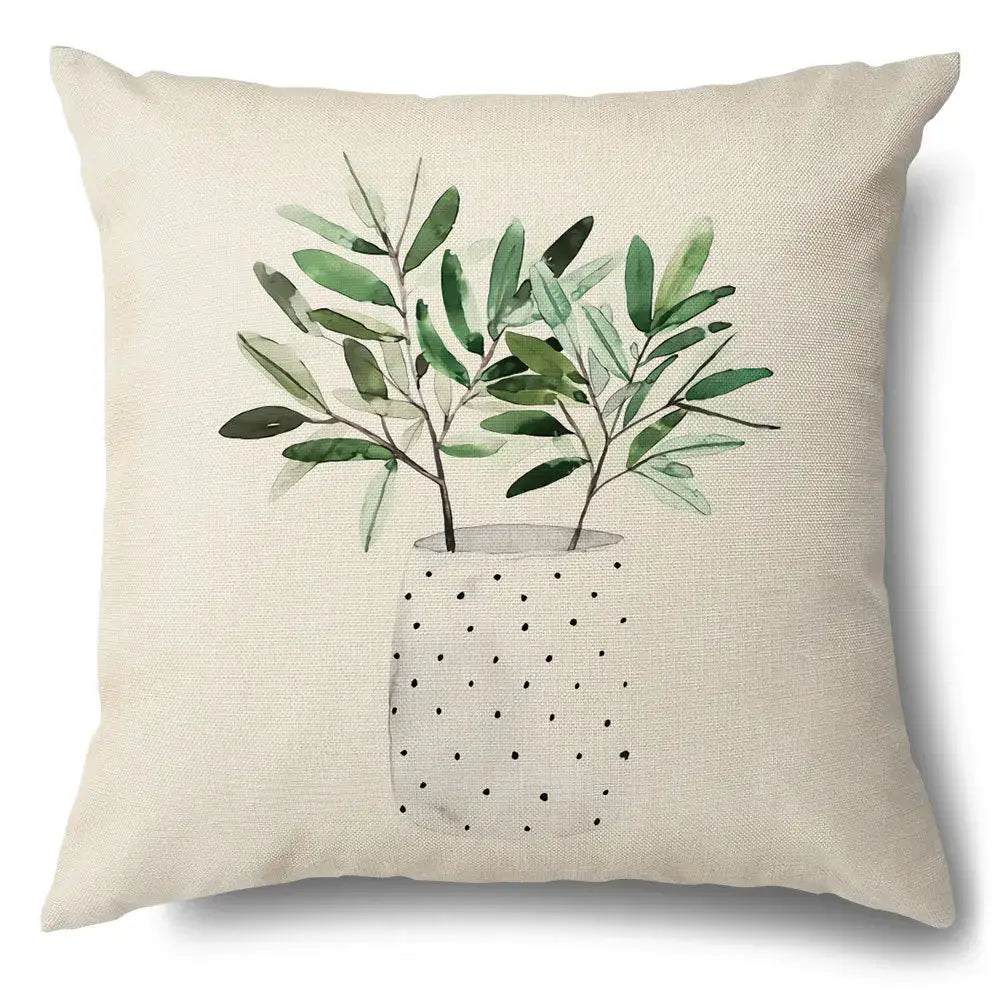 Watercolor green leaves decorative pillow case set living room cotton