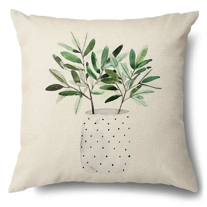 Watercolor green leaves decorative pillow case set living room cotton