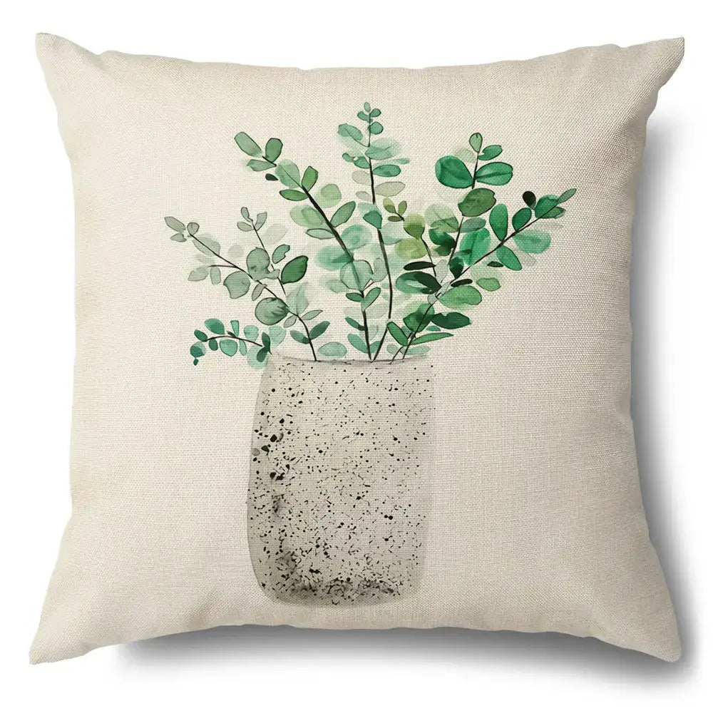 Watercolor green leaves decorative pillow case set living room cotton