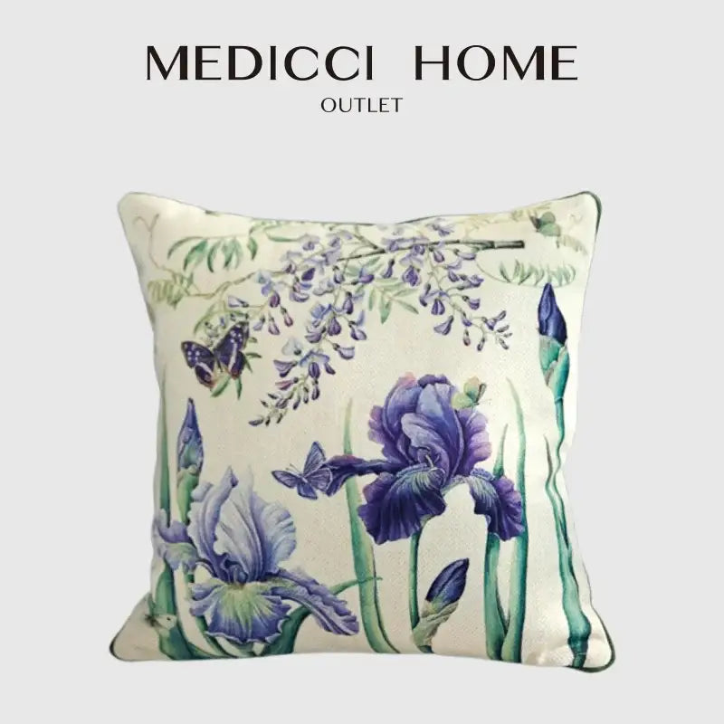 Watercolor iris flowers butterfly purple cushion cover bedroom decor
