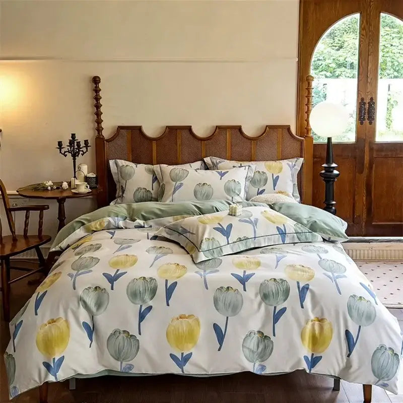 Watercolor yellow & green tulip cotton bedding set bedroom duvet cover