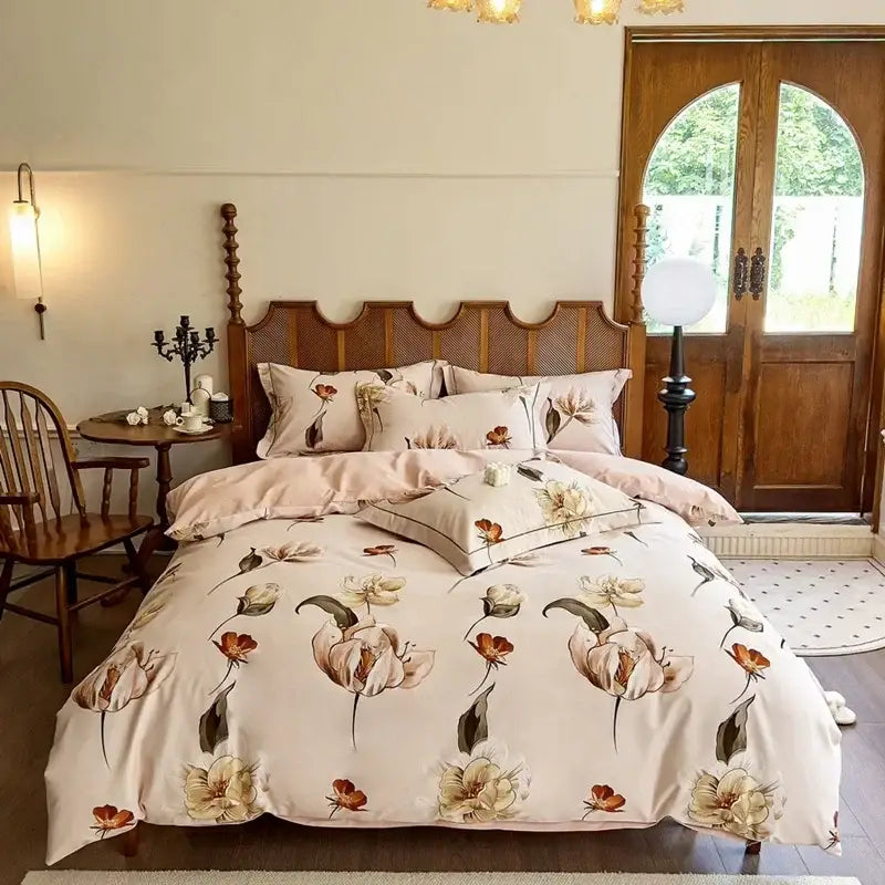 Watercolor yellow & green tulip cotton bedding set bedroom duvet cover