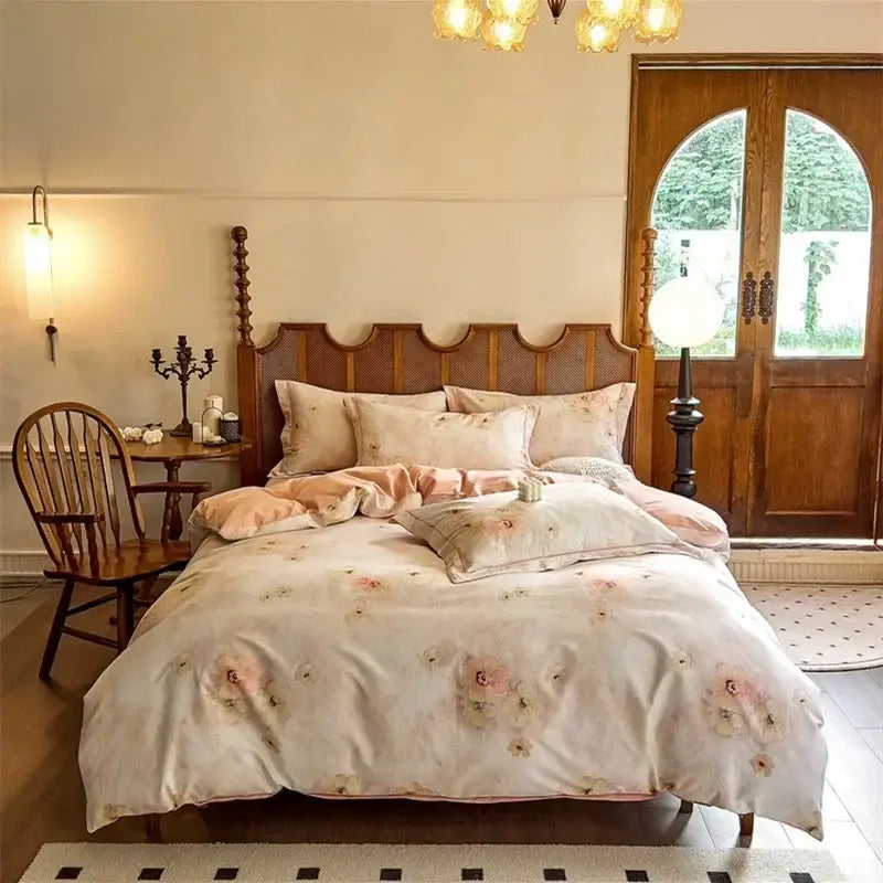 Watercolor yellow & green tulip cotton bedding set bedroom duvet cover