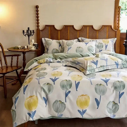 Watercolor yellow & green tulip cotton bedding set bedroom duvet cover