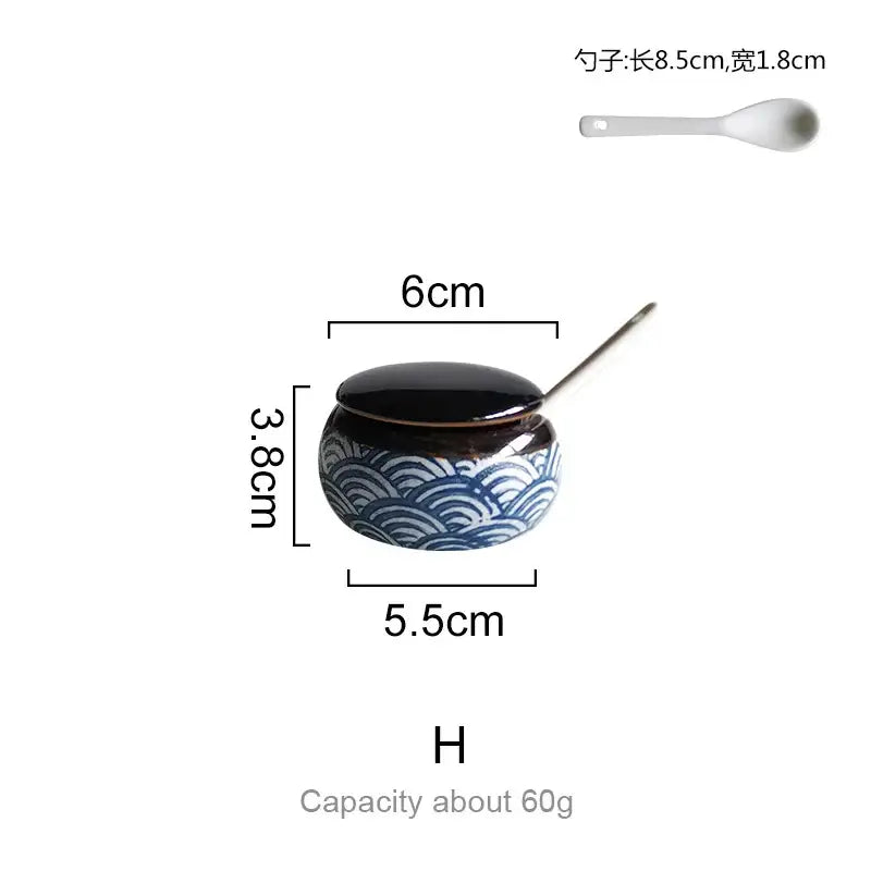 Wave pattern blue & white ceramics kitchen seasoning set