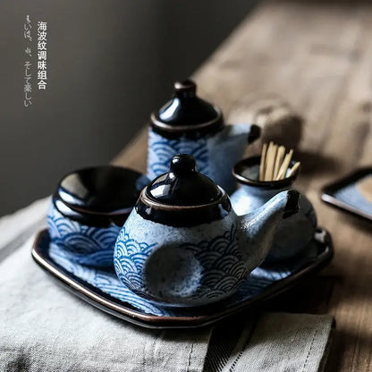 Wave pattern blue & white ceramics kitchen seasoning set