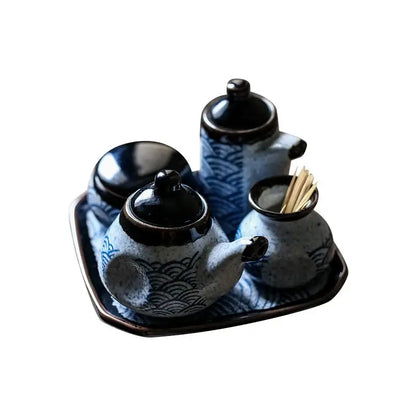 Wave pattern blue & white ceramics kitchen seasoning set