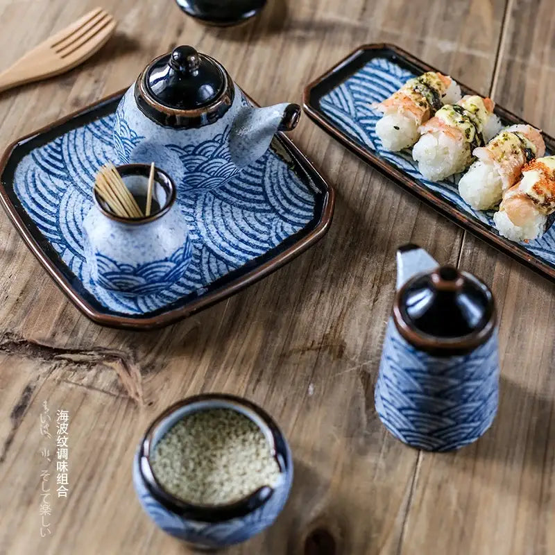 Wave pattern blue & white ceramics kitchen seasoning set