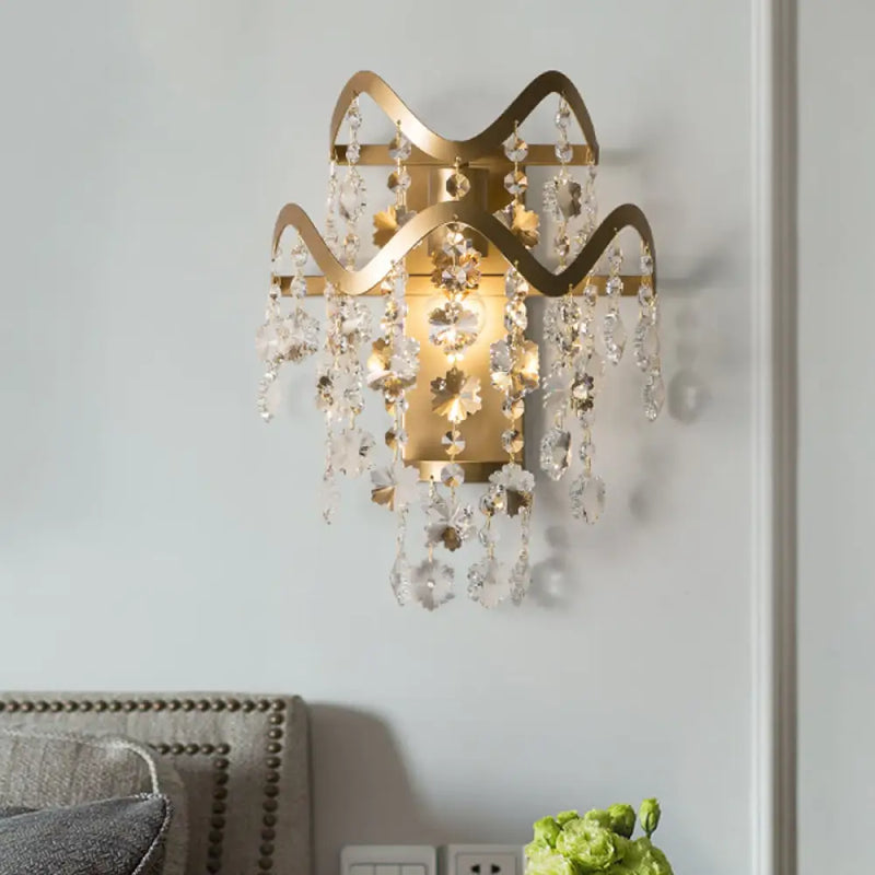 DecorBites™ Wave Sconce Light - Gold Wall Mount with Flower Crystal/Shell Accent