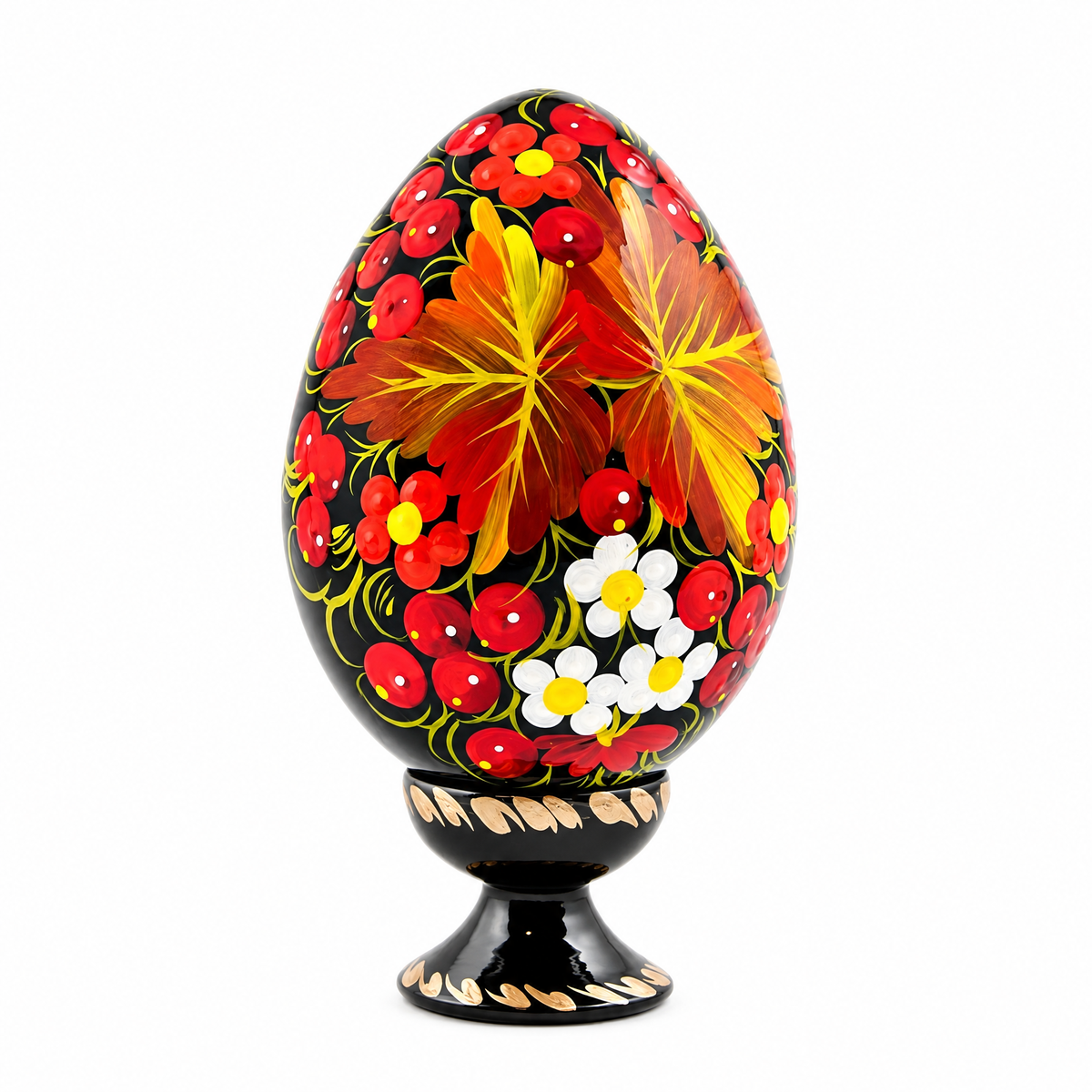 Berries & Golden Leaf Motif Ukrainian Folk Art Wooden Easter Egg