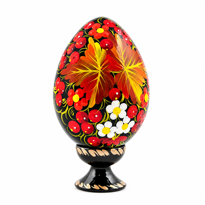 Berries & Golden Leaf Motif Ukrainian Folk Art Wooden Easter Egg
