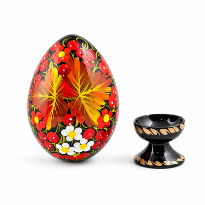 Berries & Golden Leaf Motif Ukrainian Folk Art Wooden Easter Egg