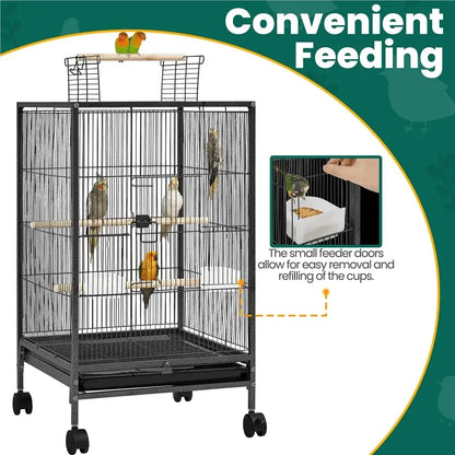 Black metal wheeled bird cage with wooden perches for living room