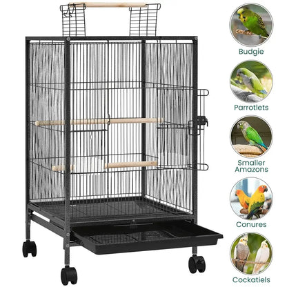 Black metal wheeled bird cage with wooden perches for living room
