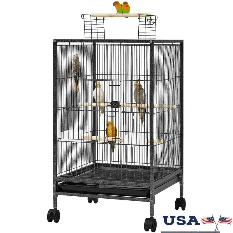 Black metal wheeled bird cage with wooden perches for living room