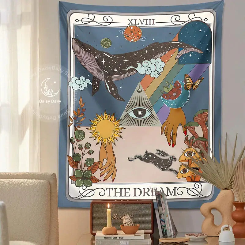 Whimsical blue dream tarot tapestry bedroom wall art